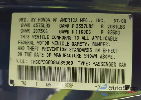 2008 Honda Accord 3.5 Ex-L из США, поврежденный, VIN 1HGCP36808A085369